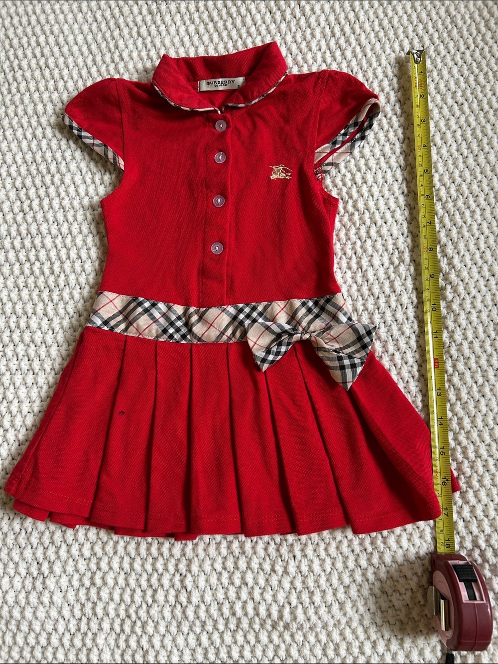 Burberry Red Girls' Polo Dress with Signature Check Waist Bow
